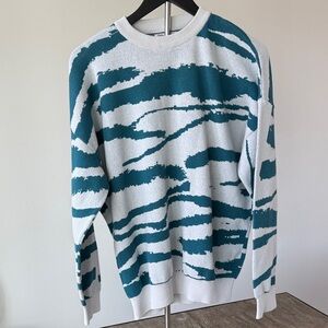 Zara Teal and White Patterned Crewneck Sweater